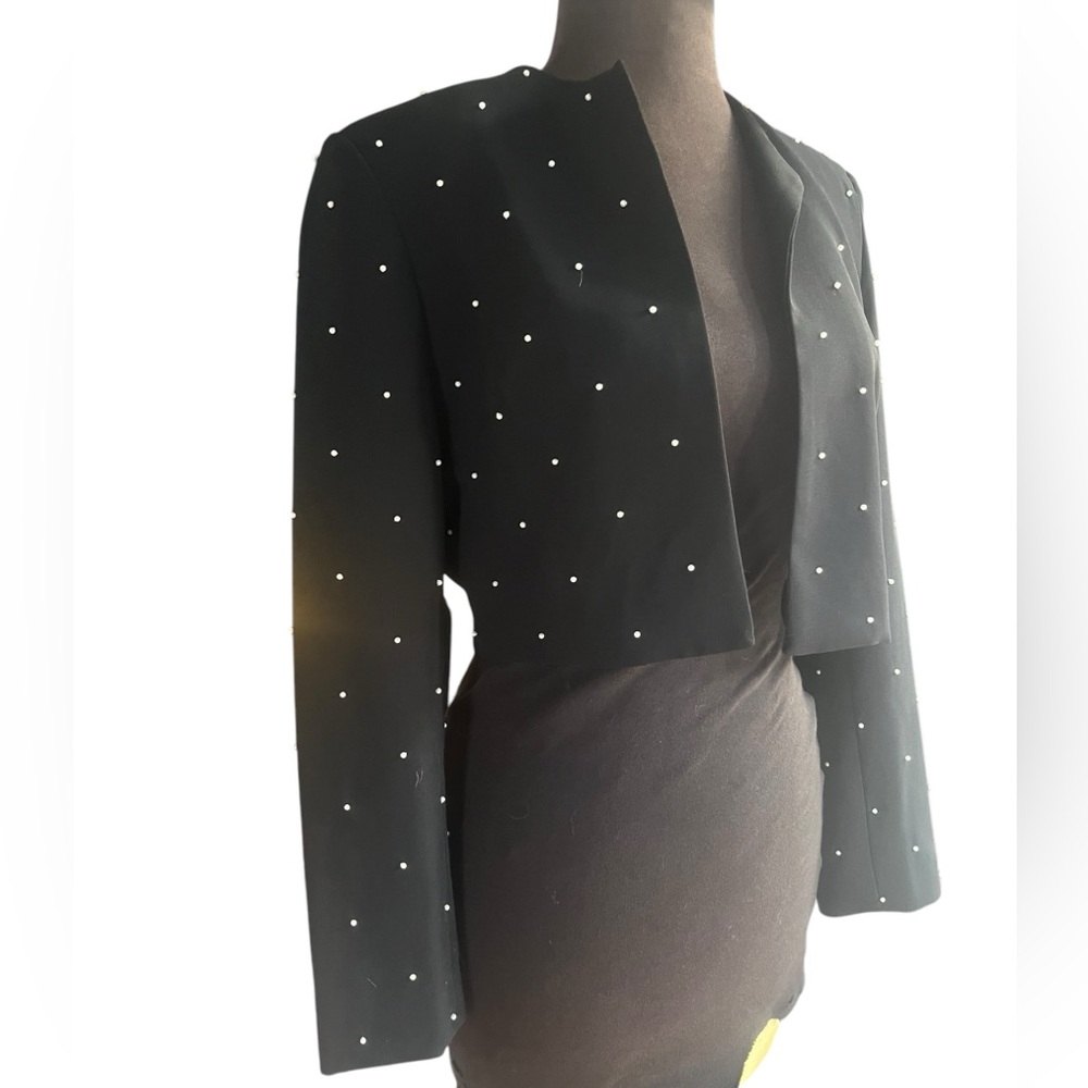 Vtg 90s Pearl Embellished Black Bold Shoulder Corpcore Cropped Blazer 8 Petite